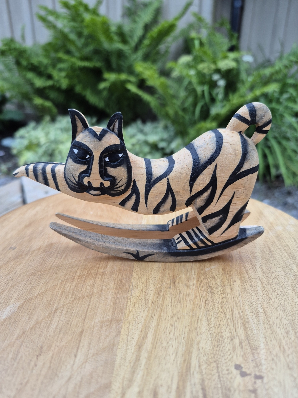 Vintage Folk Art Wooden Rocking Cat Figurine - Laurel Burch Style